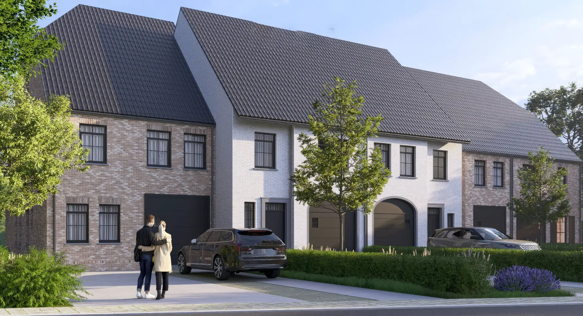 De Woninggalerij Lebbeke — straatzicht met voorgevels en garages